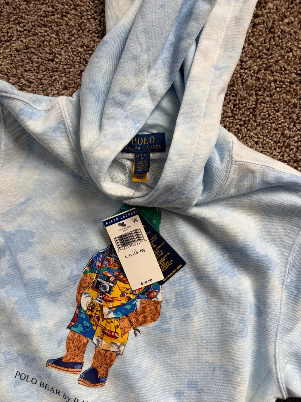 Ralph Lauren Kids Light Blue Tie-Dye Polo Bear Hoodie